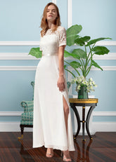 Truda | A Line Corset Lace Embroider White Chiffon Midi Formal Dress - Price #price_variant_lowest# - White - PromDressClub